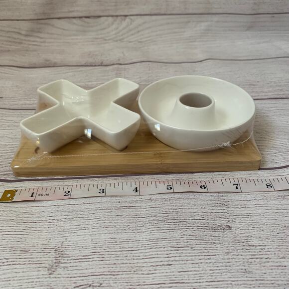 X and O Porcelain Appetizer Set with Bamboo Tray 3 Piece Trinket Ring Dishes - Picture 9 of 10